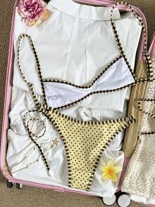 Swim Mod Women's Yellow Polka Dot Spaghetti Strap Sexy Beach Vacation Swimsuit Set - Yellow - View 2