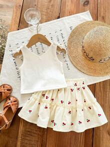 SHEIN LMoss Kids LMoss 女婴针织纯色吊带背心 + 印花雪纺迷你裙两件套 女婴罗纹上衣 女婴夏季裙装套装 女婴裙装套装 樱桃印花裙 女婴夏季服装 女婴春季服装 夏季套装 - 彩色 - 查看 2