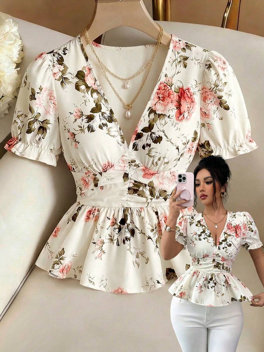 Elenzga 杏色印花褶皱不规则收腰优雅衬衫，适合情人节、复活节、生日、约会、派对、正式场合、教师节、旅行、春夏穿着。 - 杏色 - 查看 1