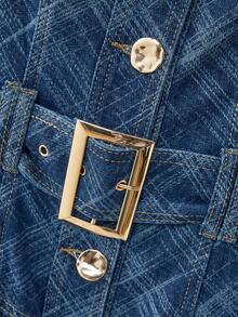 NYA SZN Đầm denim kẻ caro cài cúc dáng ngắn - Rửa tối - Xem 10