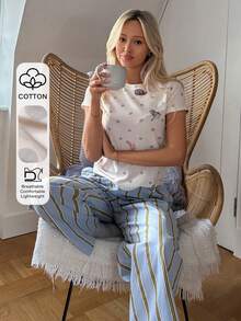 DAZY Animal Polka Dot Print Top & Striped Loose Pajama Pants Women Sleepwear Set - White - View 4