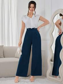 Modelyn Women's Fashion Solid Color Cargo Wide Leg Pants - Blue - View 6