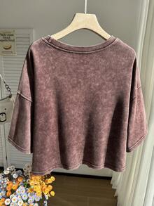 Comfortcana Plus Size Brown Washed Snow Flake Short Sleeve T-Shirt, Summer Holiday Smart Casual - Coffee Brown - View 2