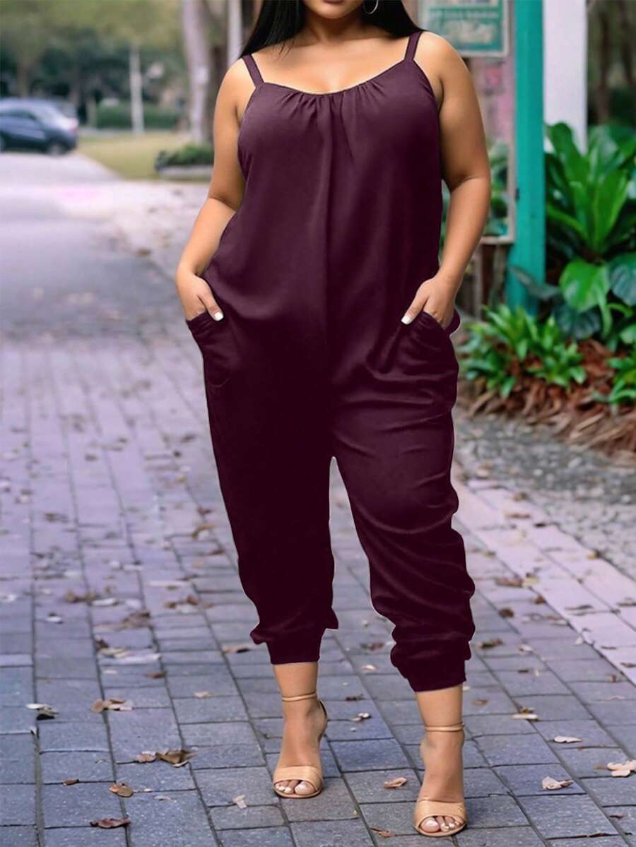 Maweii Jumpsuit Wanita Ukuran Besar Kasual untuk Perjalanan Sehari-hari, Warna Polos, dengan Kantong Miring - Red Violet - View 1