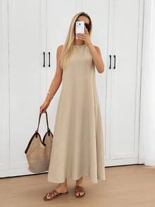 Easowa Loose Sleeveless Midi Dress With Irregular Hem, Pleated Back Tie, Textured Chiffon Fabric, Casual Relaxed Elegant Office/Vacation Wear For Women, Spring/Summer - Apricot - View 2