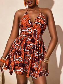 SHEIN VaVaLuxe Women's Vacation Geometric Print Casual Halter Neck Dress African Print Dresses Vacation Outfits Women Dress Ankara Dress African Africa Dress - Multicolor - View 4