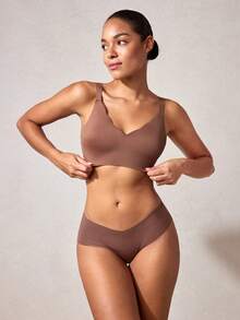 Veilyse 1pc Seamless Minimalist Wavy Edge Solid Color No Underwire Push Up Full Coverage Women Bra - Coffee Brown - View 6