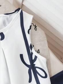 2pcs/Set Tween Girl Stylish Blue Striped Bow Sleeveless Top And Loose Straight Leg Pants Set, Casual Outfit For Spring/Summer - Navy Blue - View 3