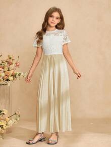 女童优雅蕾丝连体裤，镂空蕾丝边针织拉链裤，阔腿裤，适合春夏休闲和正式场合穿着 - 杏色 - 查看 5