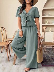 SHEIN LUNE Plus Size Casual Solid Color Tie Front Top And Pants 2 Pieces Set - Mint Blue - View 4