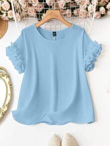 SHEIN LUNE 大码女式纯色圆领休闲百搭日常衬衫 - 淺藍色 - 查看 1