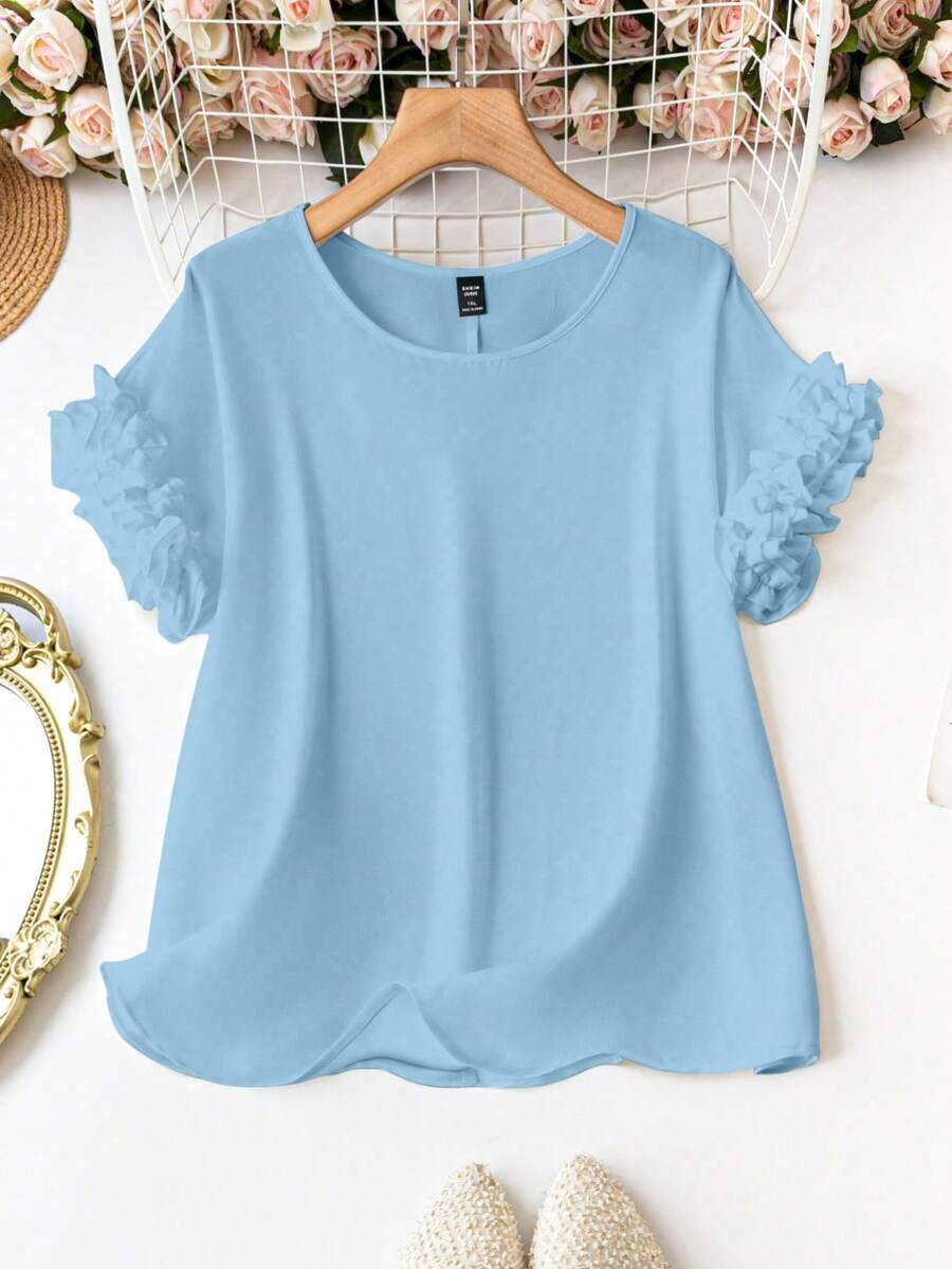 SHEIN LUNE 大码女式纯色圆领休闲百搭日常衬衫 - 淺藍色 - 查看 1