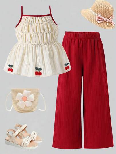 Elladie kids Conjunto de 2 piezas para niñas jóvenes: Camiseta de tirantes plisada color albaricoque con decoración de lazo + Pantalones anchos de pierna ancha a rayas color marrón caramelo, conjunto casual de moda para uso diario, vacaciones, verano