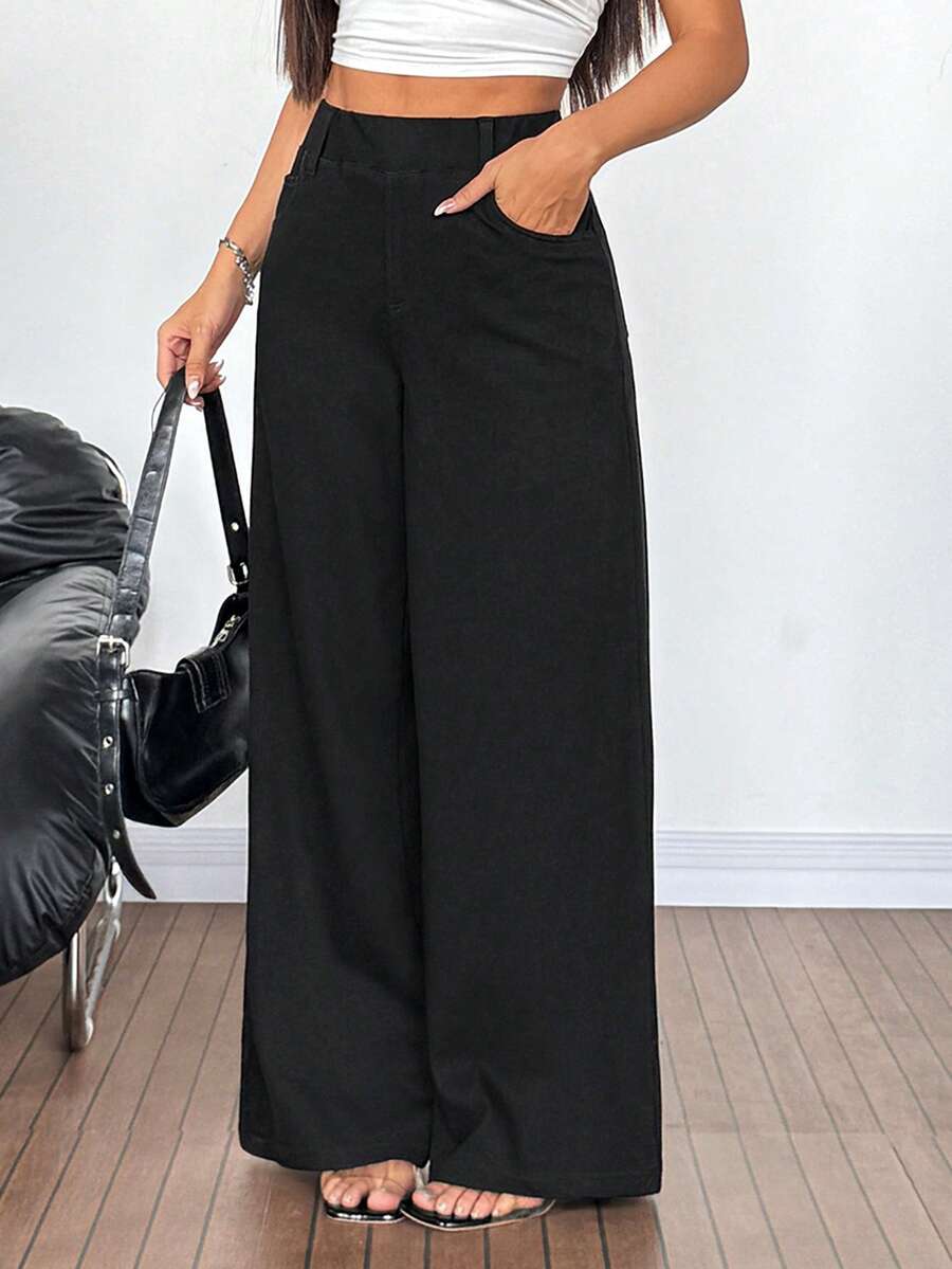 SHEIN PETITE Women's High Waist Pockets Wide Leg Loose Casual Jeans - Black - View 1
