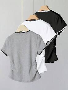 Resyla Set de 3 blusas de mujer de estilo casual para el verano, en negro/blanco/gris, con bordado de pata de gallo, ajuste ceñido, estilo deportivo, de vuelta al colegio, para el Día del Maestro, camisetas de mujer - Multicolor - Ver 2