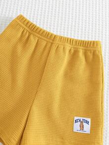 Cozy Pixies 2pcs Baby Boy Cartoon Animal Print Soft Knit Crew Neck Short Sleeve Top And Elastic Waist Shorts Set - Yellow - View 5