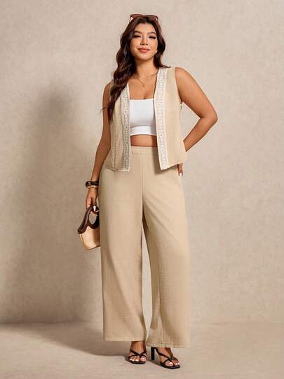 Elaquor 大码女式针织滚边开襟背心和裤子休闲两件套