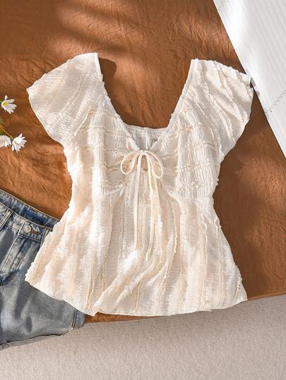 CosyJoli 大码女式提花衬衫，休闲女装小喇叭袖T恤，荷叶边袖上衣，休闲年轻女装