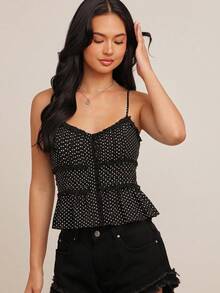 WESTFADE 波点蕾丝V领纽扣吊带褶皱荷叶边无袖上衣，波西米亚风、乡村风、西部风女装，适合秋季、冬季穿着，休闲可爱吊带衫 - 黑色 - 查看 4