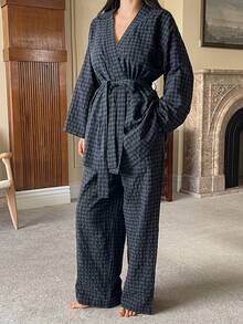 DAZY 3pcs Plaid Robe, Camisole & Pants Women Sleepwear Set - Navy Blue - View 7