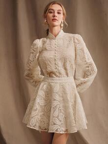 Anewsta 女士立领灯笼袖网纱面料花卉刺绣优雅上衣 - 杏色 - 查看 6