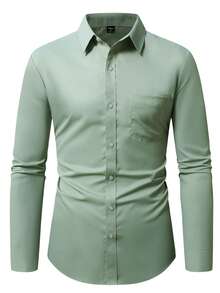 Calvornis Men Solid Color Shoulder Strap Front Button Casual Daily Versatile Long Sleeve Shirt, Formal, Ceremony - Green - View 3