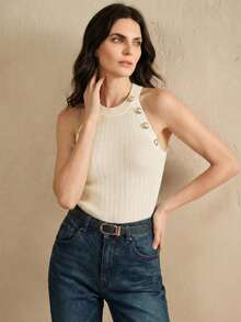 Anewsta Women's Solid Color Round Neck Fitted Casual Everyday Top - Apricot - View 6