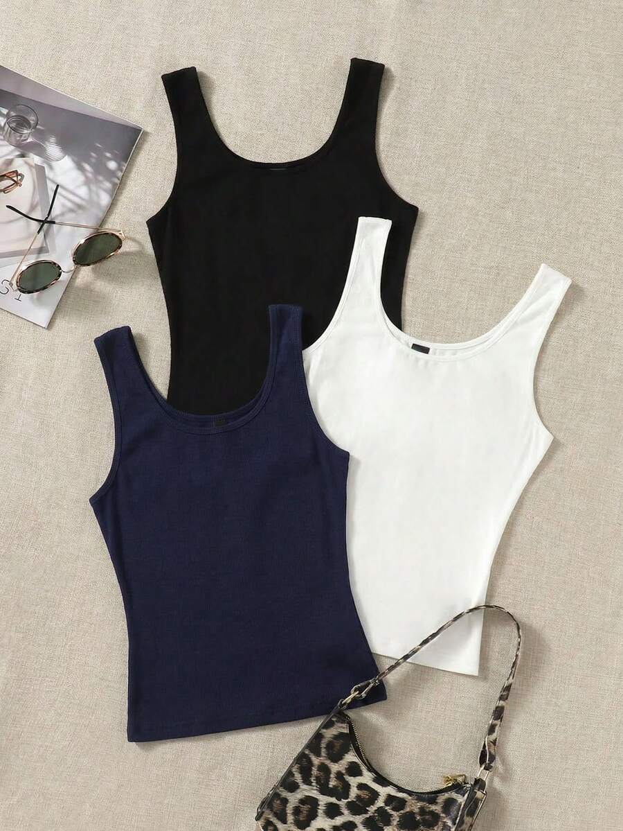 SHEIN EZwear 夏季三件套纯色背心女式吊带背心女式吊带衫女式基础款上衣女式夏季上衣女式棉质上衣 - 彩色 - 查看 1