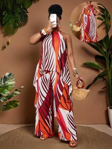 Maweii 春夏时尚植物印花露背系带无袖不规则下摆上衣搭配阔腿宽松裤套装，简约通勤度假小众设计日常穿搭必备，优雅大码女式休闲套装 - 彩色 - 查看 1