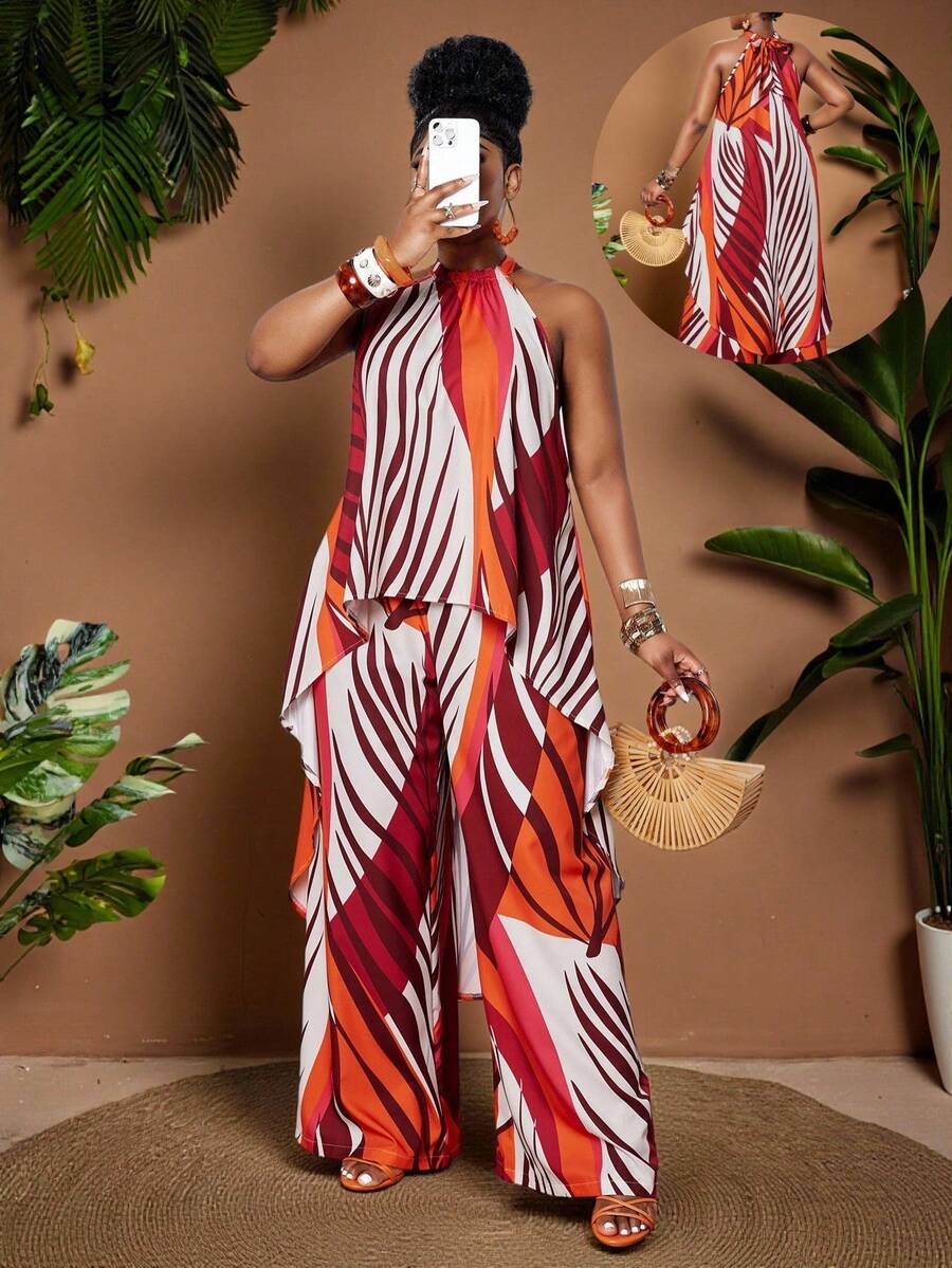 Maweii 春夏时尚植物印花露背系带无袖不规则下摆上衣搭配阔腿宽松裤套装，简约通勤度假小众设计日常穿搭必备，优雅大码女式休闲套装 - 彩色 - 查看 1