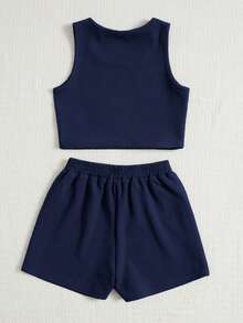 SHEIN Tween Girls' Solid Color Tank Top And Shorts Set, Cute And Casual - Navy Blue - View 2