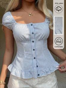 CovetEZ 2026 Original Retro Design Blue Striped Blouse, Ruffled Hem Slim Fit Summer Top For Women Striped Top Women Summer Outfits For Women Casual Tops For Women Corset Shirts For Women Blouse For Women - Blue and White - View 7