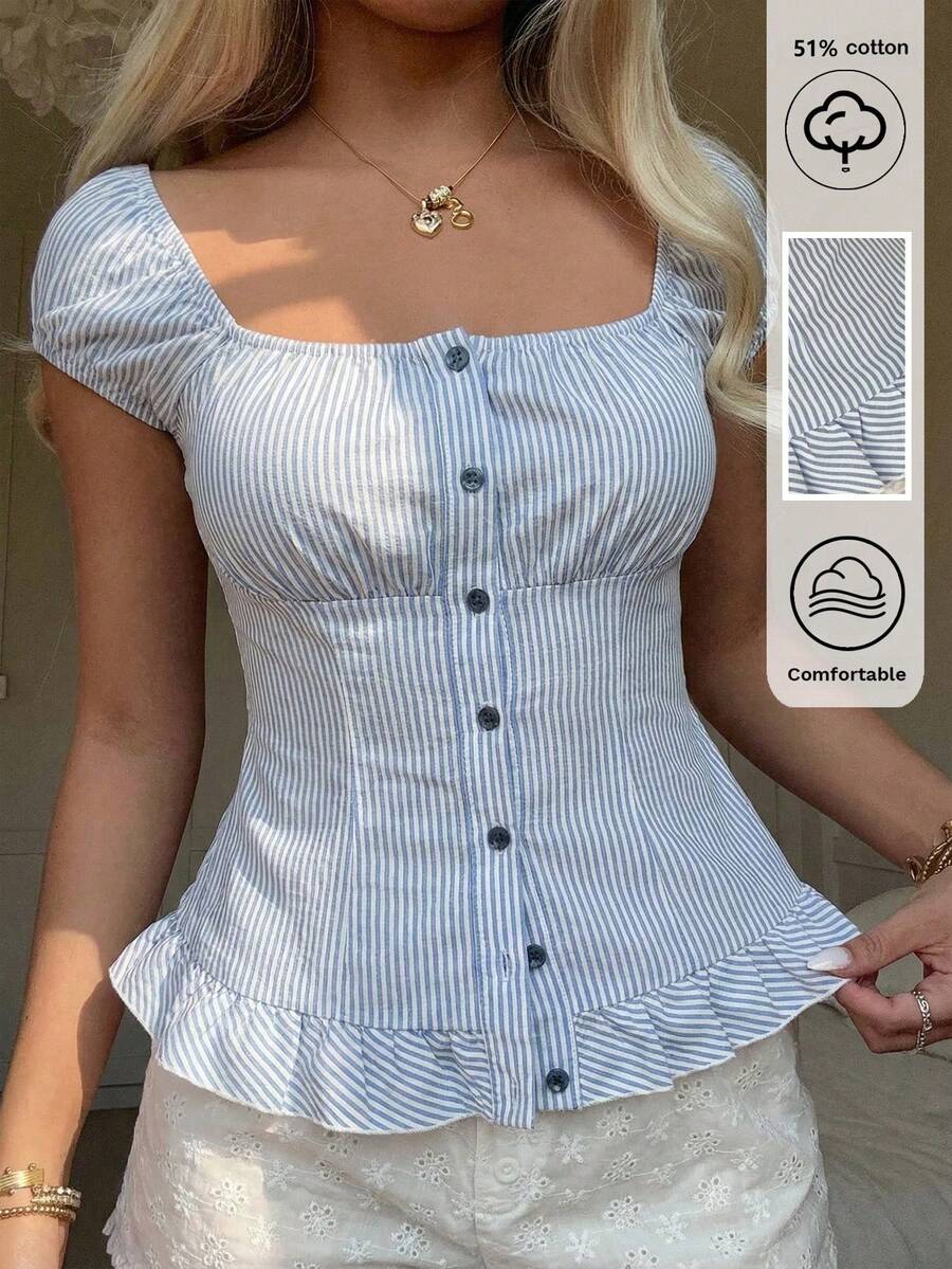 CovetEZ 2026原创复古设计蓝色条纹衬衫，荷叶边下摆修身夏季女式上衣 - 藍白色 - 查看 1