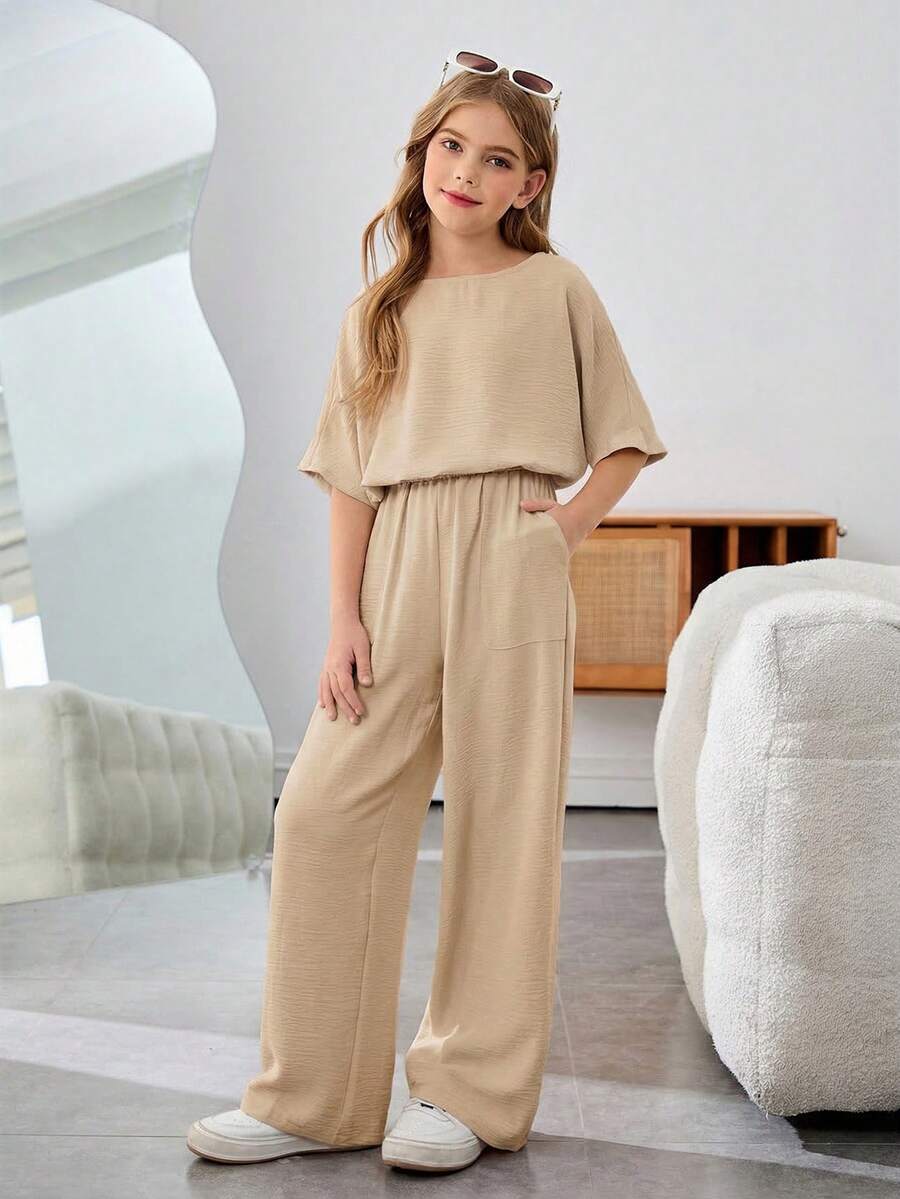SHEIN Nova Glow 少女度假休闲纯色圆领短袖两件套 - 卡其色 - 查看 1