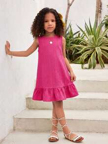 SHEIN Young Girl Casual Vacation Round Neck Textured Fuchsia Dress,Kids - Hot Pink - View 3