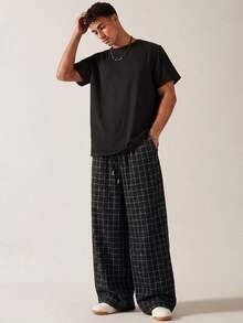 SWAVVY 男士休闲格子抽绳腰斜插口袋长裤，秋季款 - 黑色 - 查看 2