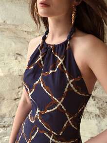 MOTF PREMIUM WOMEN'S LINEN ALL OVER PRINTED LONG DRESS, SPRING/SUMMER - Navy Blue - View 3