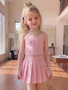 SHEIN 2 pezzi/Set Bambine Estivo Top Canotta con Scollo Irregolare e Design Fiocco Sulla Schiena & Gonna Plissettata, Completo Rosa Minimalista alla moda Casual/Vacanza - Rosa - Visualizzare 3