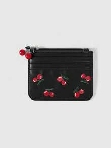 ROMWE Kawaii Cherry Print Card Holder & Coin Purse - Black - View 1