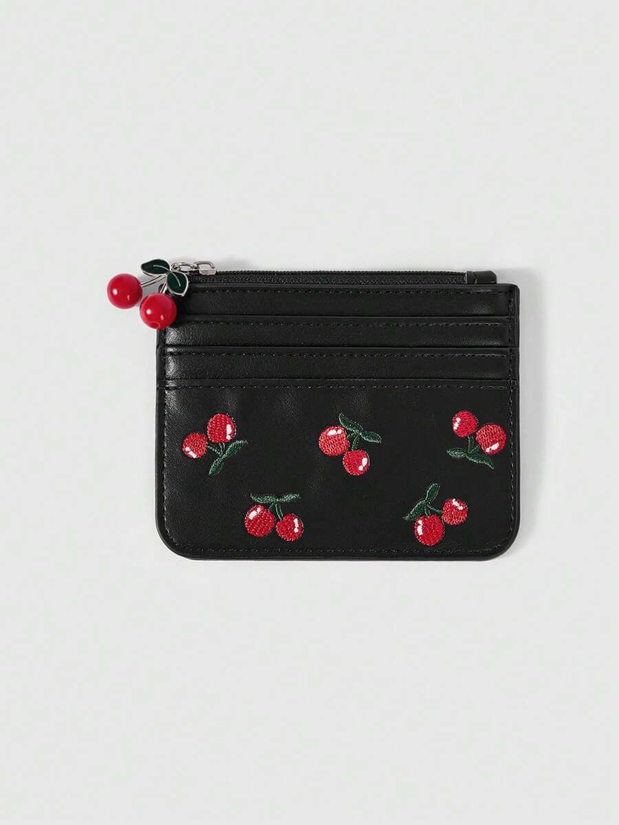 ROMWE Kawaii Cherry Print Card Holder & Coin Purse - Black - View 1