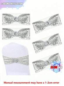 Bộ 12/24/30/50 dây đai ghế đính kim sa, kích thước 30x15cm, có khóa cài và nơ trang trí, phụ kiện đám cưới - Màu bạc - Bạc - Xem 1