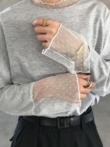 FRIFUL 纯色拼接薄纱波点网眼宽松休闲百搭T恤 - 淺灰色 - 查看 7