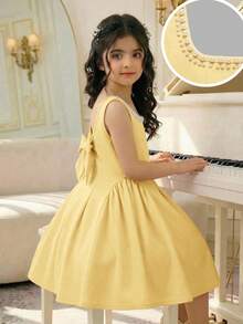SHEIN Tween Girls' Elegant Beaded Square Neck Yellow Patchwork A-Line Dress With Bow Back - Yellow - View 6