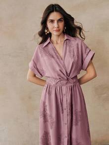 Anewsta Women's Summer Elegant Pink Floral Tea Party Purple V-Neck Twist Knot Embroidered Long Dress,Minimalist Waist Cinched Shirt Dress For Work & Vacation - Purple - View 5