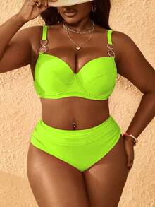 Slaydiva Plus Size Women's 2-Piece Solid Fuchsia Swimwear Set, Underwire Adjustable Strap High Waist Ruched Bottoms - Multicolor - View 3