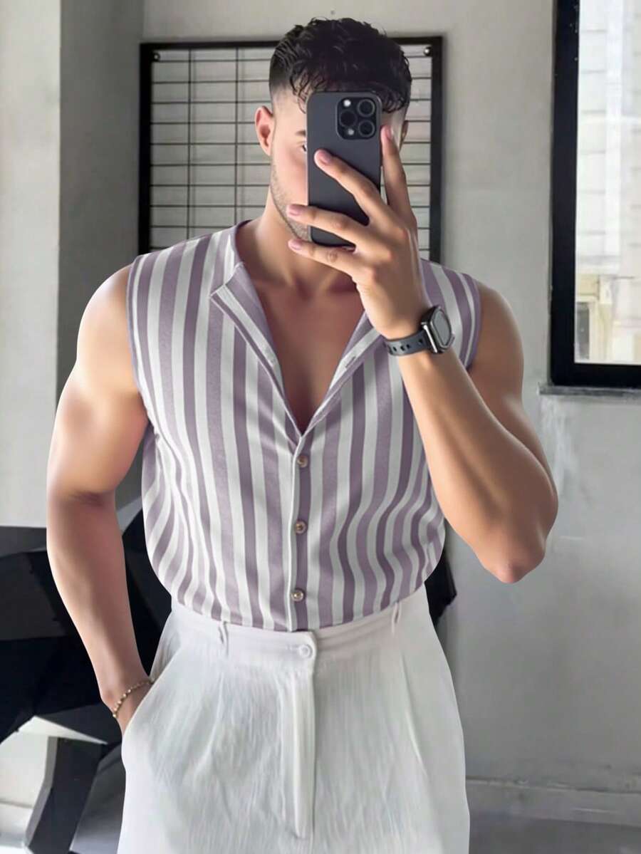 Manfinity Homme Áo thun nam không tay, kẻ sọc, cài một hàng cúc, kiểu dáng thường ngày. - Màu tím - Xem 1