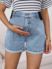 SHEIN Maternity Light Blue Summer Washed High Waist Denim Shorts,Smart Casual Chic Y2k Streetwear For Woman Carnival Costume Vacation Graduation Party - Blue - View 8
