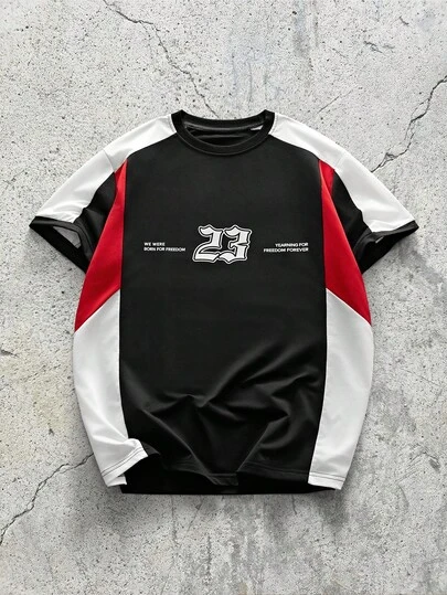 EVRINFINITE 美学风格——男士学院风拼接设计，印有23个数字和字母的圆领短袖T恤。这款男士圆领T恤适合日常穿着、外出、运动、上学和休闲娱乐。它可作为孩子开学礼物，或送给朋友的礼物，也是夏季足球服的理想之选。