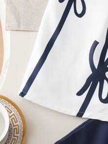 2pcs/Set Tween Girl Stylish Blue Striped Bow Sleeveless Top And Loose Straight Leg Pants Set, Casual Outfit For Spring/Summer - Navy Blue - View 7