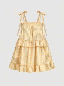 SHEIN MOD Plus Size Yellow & White Plaid Bow Tie Blouse, Suitable For Summer Picnic, Outing And Party  Spring Tiered Top  Marigold Yellow Top Ruffle Gingham TopYellow Gingham Top - Yellow - View 6